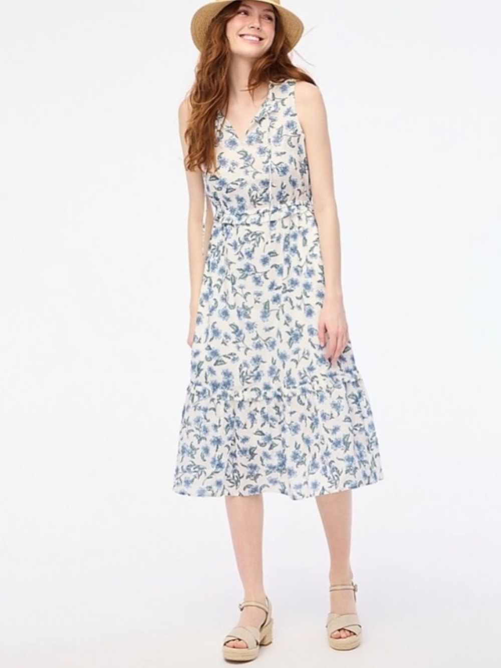 J. Crew White Blue Floral Cotton Tiered Midi Dress Ruffle Accents Size 6